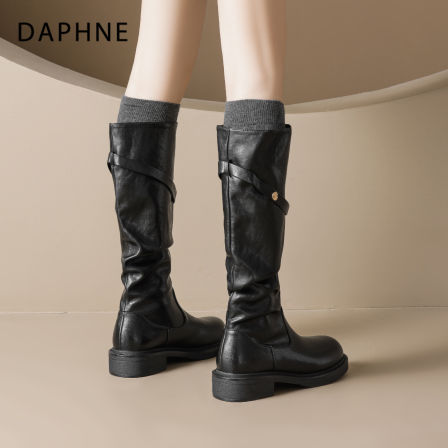 达芙妮黑色长筒靴女2025新款秋冬加绒中筒靴子不过膝瘦瘦靴骑士靴