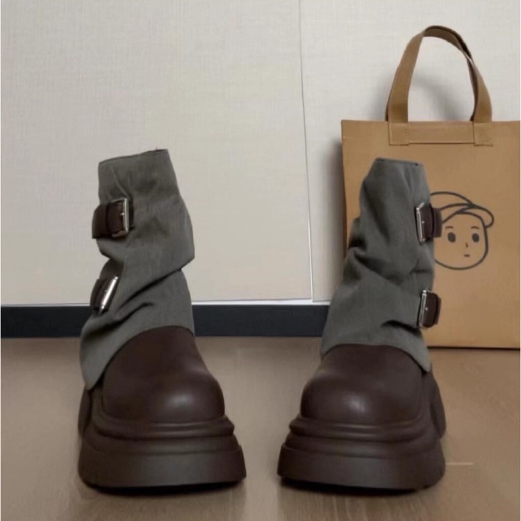羊皮版~英伦风厚底增高马丁靴女2025新款真皮圆头皮带扣大头短靴主图