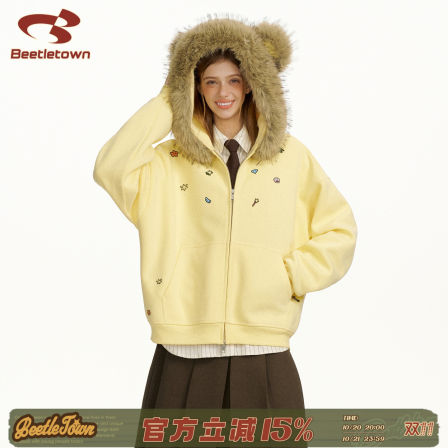 BEETLE TOWN童趣系列趣味刺绣毛领开衫外套女秋季情侣连帽卫衣男