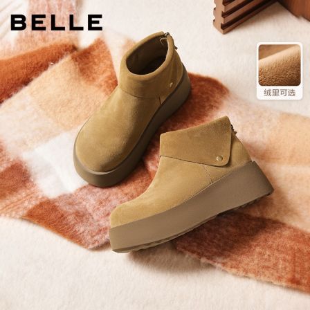 百丽复古厚底毛毛勃肯棉鞋女25冬季新款流光风加绒保暖短靴雪地靴