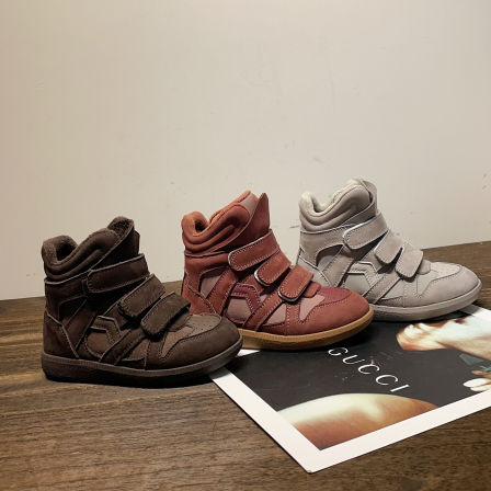 左左家秋冬新款时尚加绒保暖男女童牛皮高帮板鞋防滑魔术贴短靴