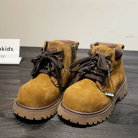 左左家秋冬新款复古潮流中大童加绒蓄热保暖小黄靴侧拉链马丁靴