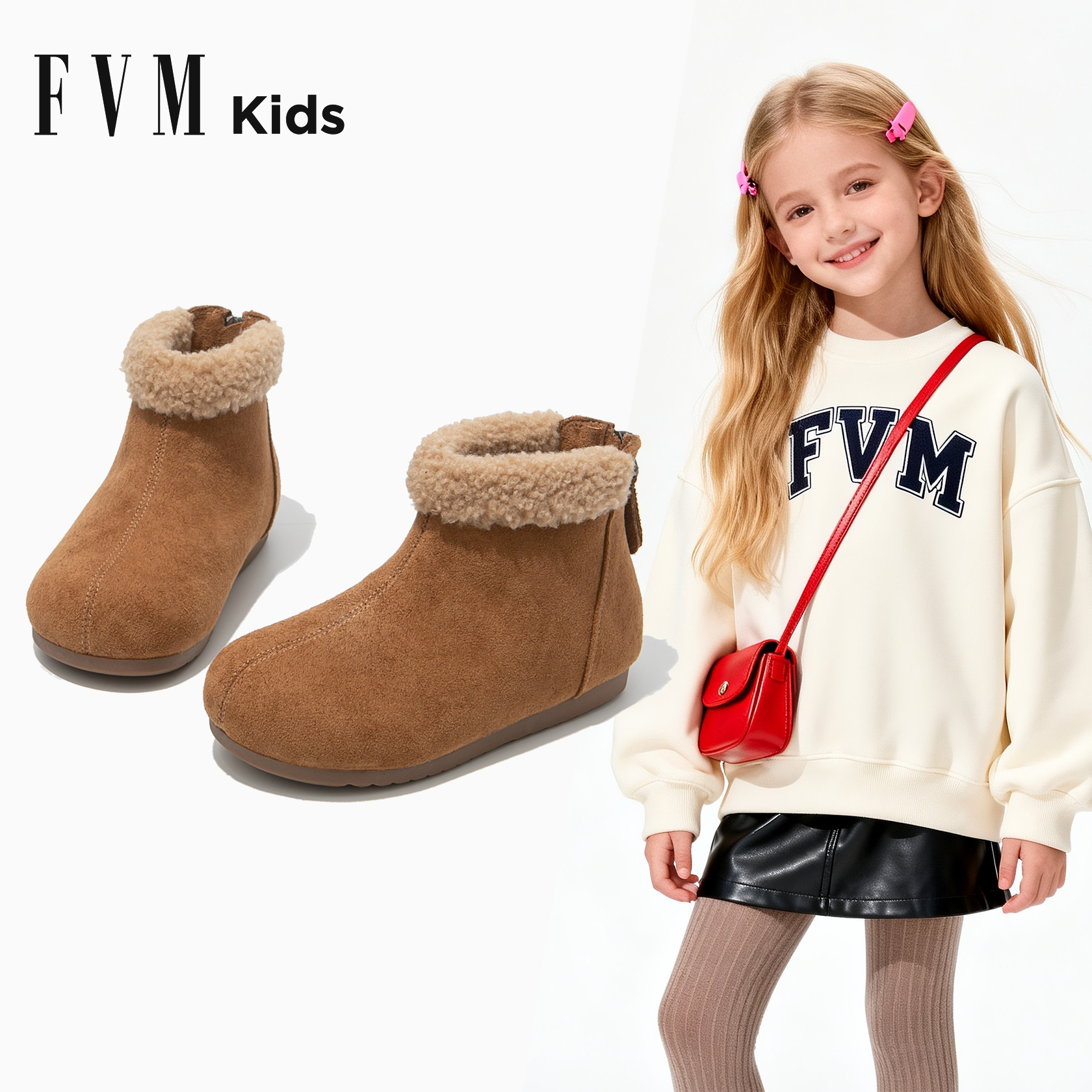 FVM女童鞋子儿童勃肯马丁短靴子2025新款秋冬季加绒宝宝洋气皮靴主图