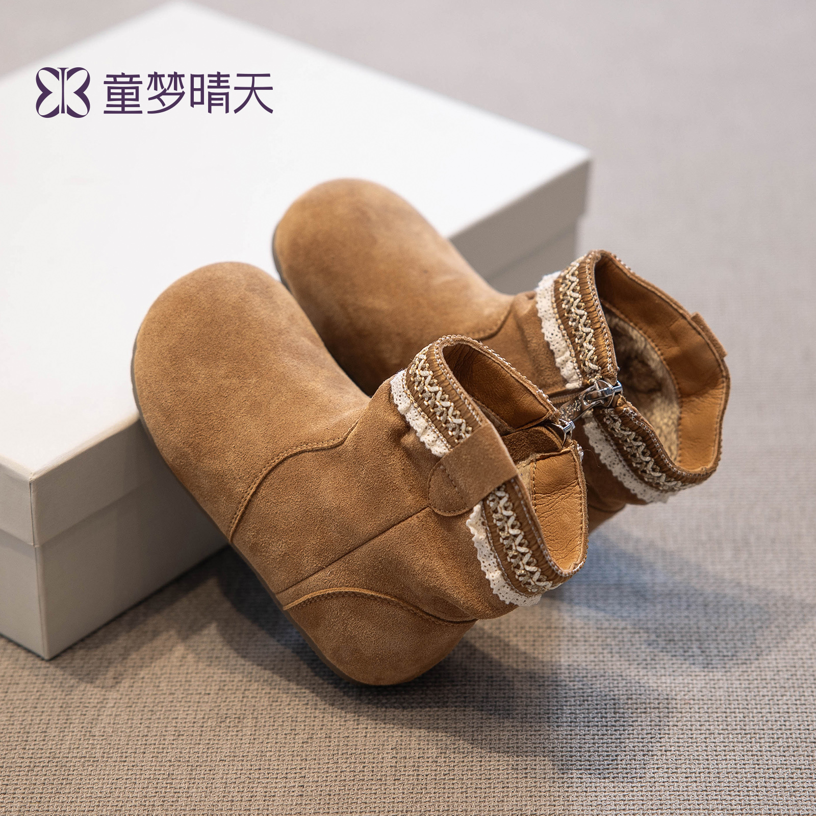 童梦晴天女童二棉鞋靴子加绒短靴2025新款秋冬儿童皮鞋女宝宝皮靴主图