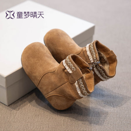 童梦晴天女童二棉鞋靴子加绒短靴2025新款秋冬儿童皮鞋女宝宝皮靴
