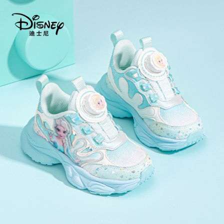 迪士尼女童鞋子春秋新款透气网面纽扣艾莎公主休闲百搭儿童运动鞋