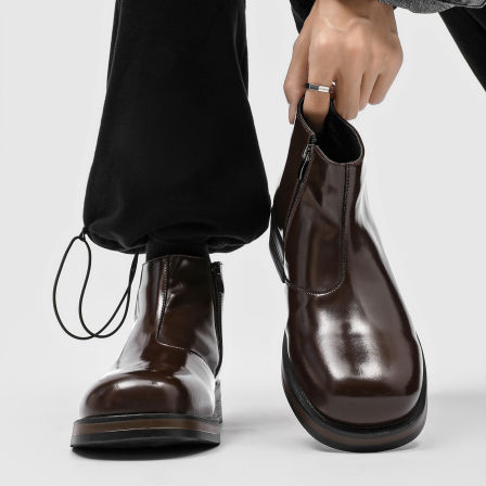 棕色漆皮亮面切尔西靴男款一脚蹬英伦马丁靴厚底中筒方头烟筒靴子