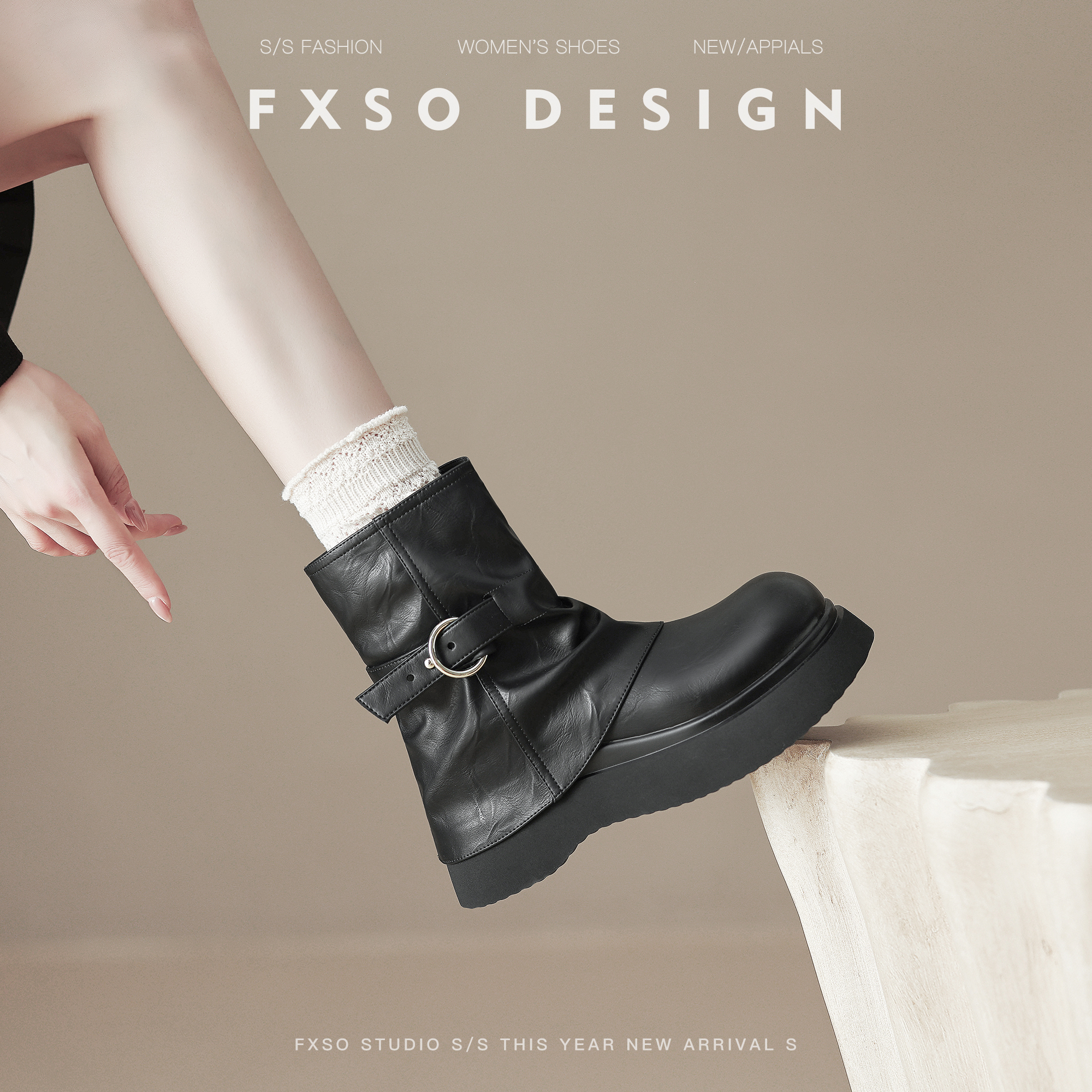 真皮方巷2025秋冬新款皮带扣裤管靴堆堆靴女爆款大头粗跟短筒靴女主图