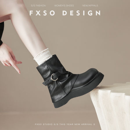 真皮方巷2025秋冬新款皮带扣裤管靴堆堆靴女爆款大头粗跟短筒靴女