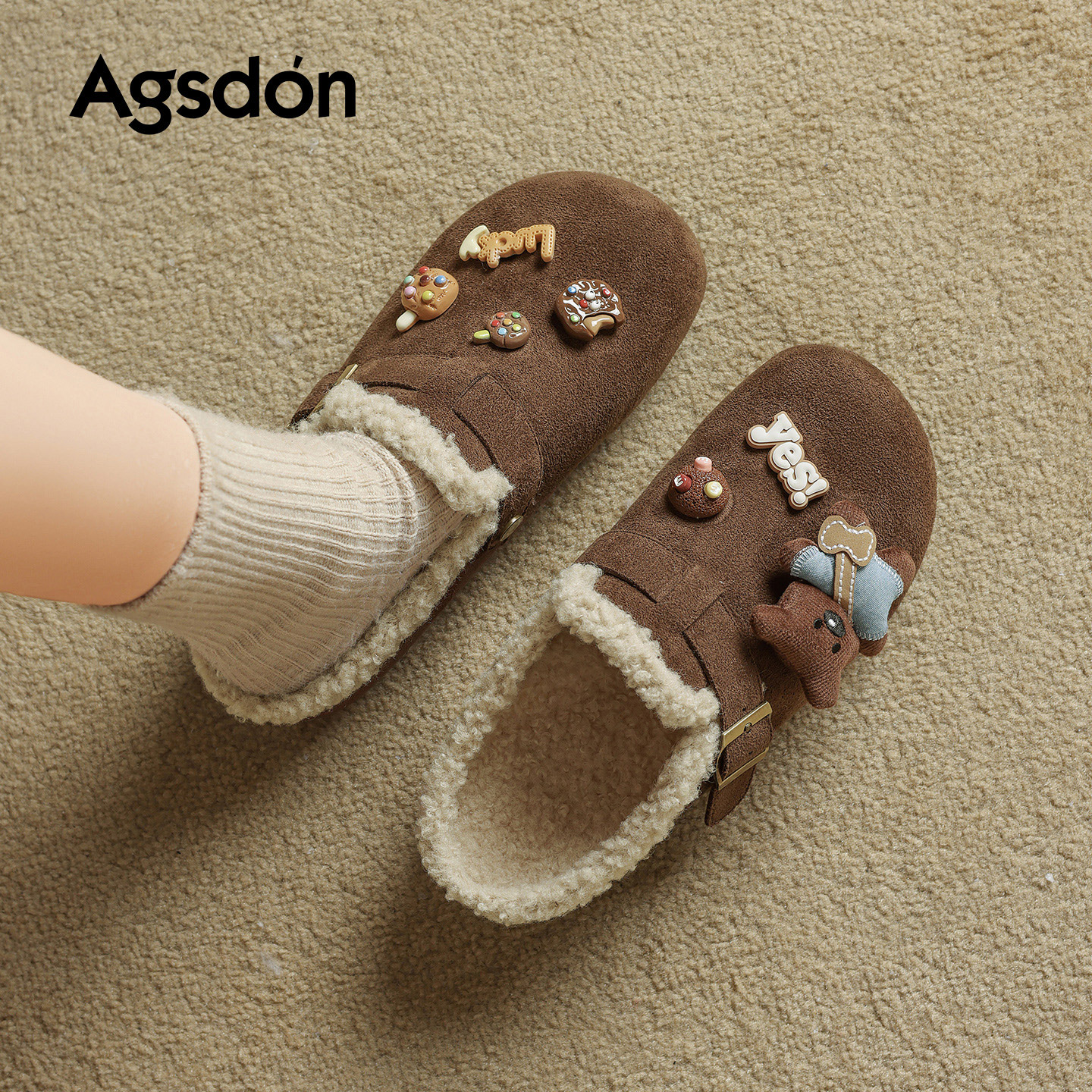 奥古狮登加绒勃肯拖鞋女2025新款秋冬一脚蹬洞洞包头半拖鞋毛毛鞋主图