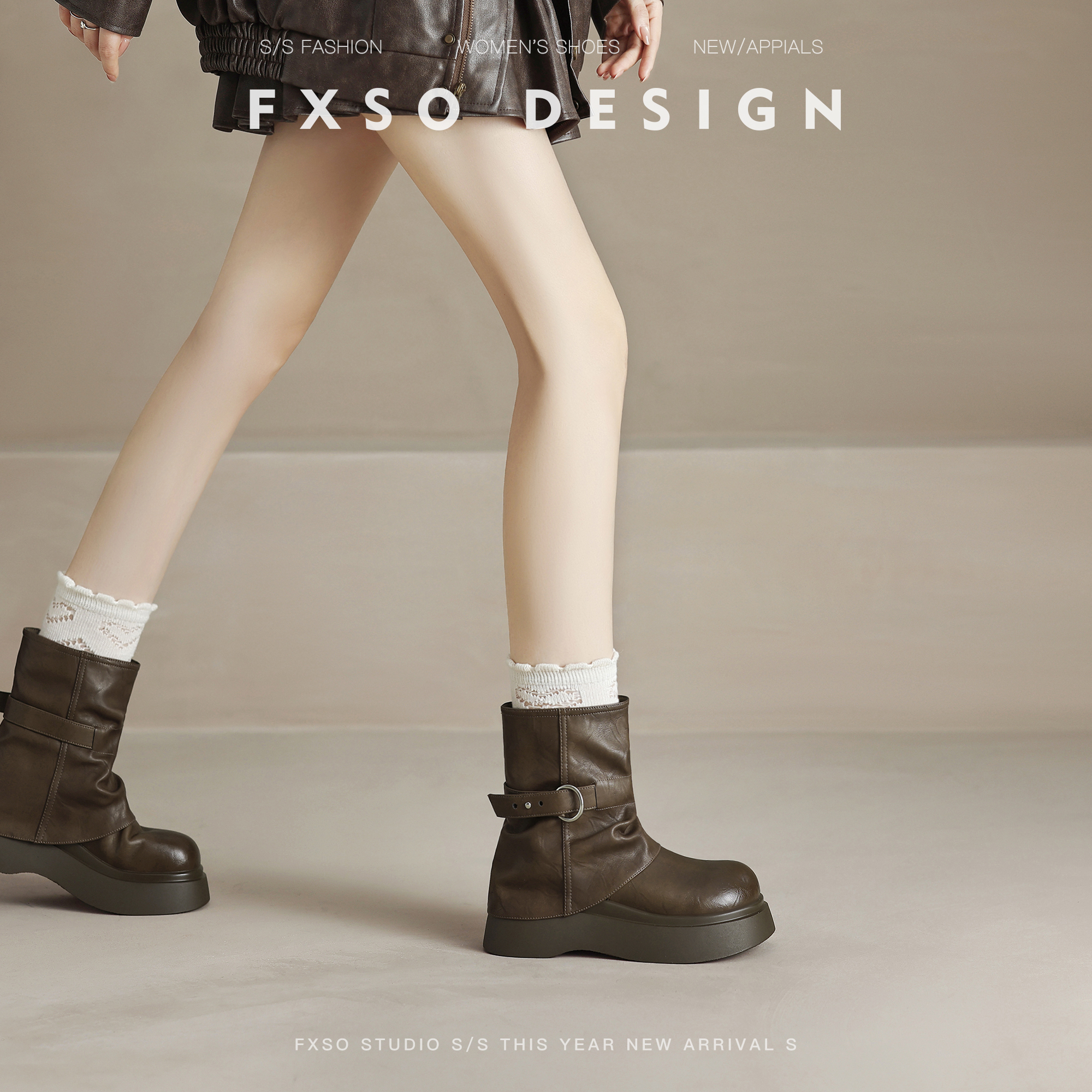 真皮版方巷2025秋季新款皮带扣短筒裤管靴女爆款圆头厚底堆堆靴女主图