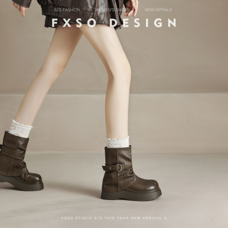 真皮版方巷2025秋季新款皮带扣短筒裤管靴女爆款圆头厚底堆堆靴女