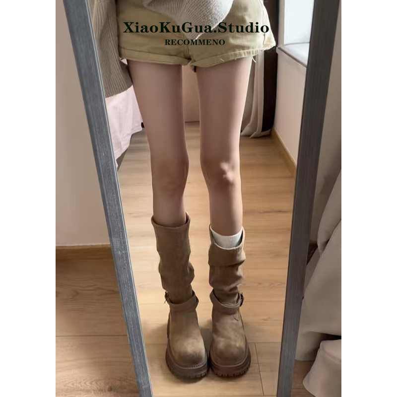 复古美拉德堆堆靴子女款2025秋冬季新款厚底中筒靴两穿西部马丁靴主图