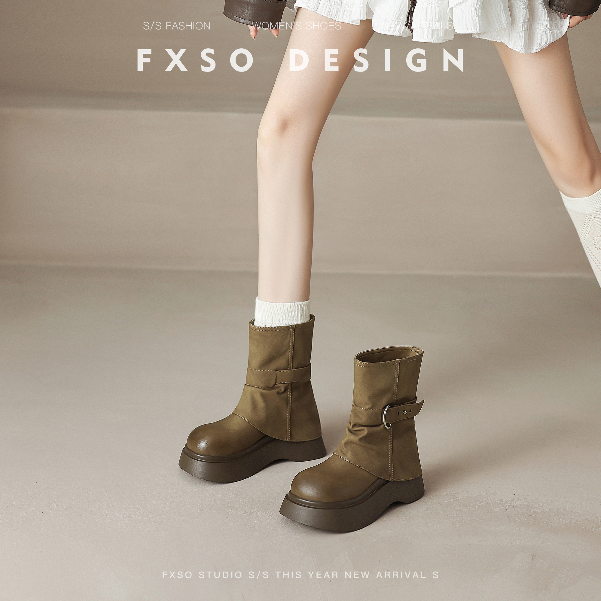 真皮方巷2025秋季新款皮带扣裤管靴堆堆靴女圆头厚底骑士马丁靴女主图