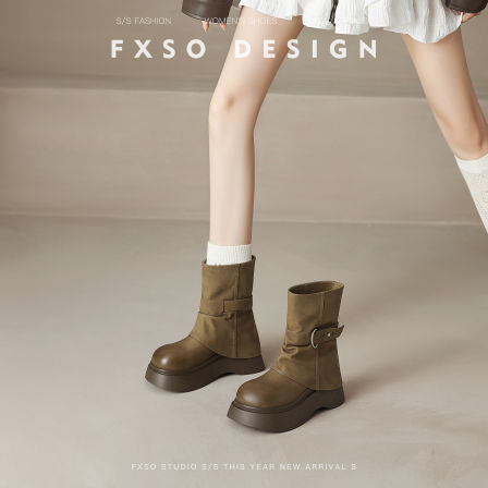 真皮方巷2025秋季新款皮带扣裤管靴堆堆靴女圆头厚底骑士马丁靴女