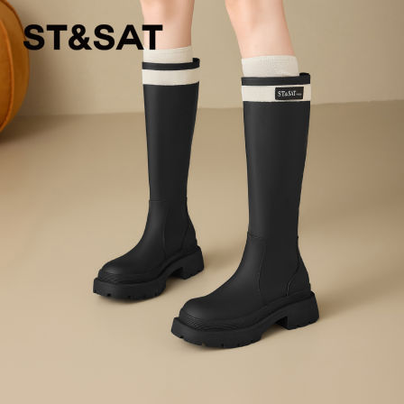 星期六黑色长筒靴女2025新款秋季爆款小香风高筒靴子不过膝骑士靴