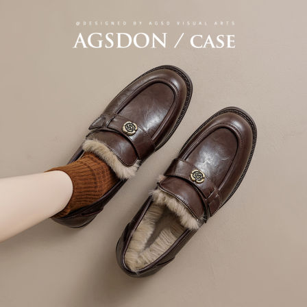 奥古狮登加绒乐福鞋女2025冬季新款山茶花棕色保暖棉鞋百搭小皮鞋