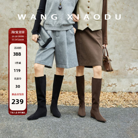 【王小毒】复古剧场●5cm内增高摩登简约绒面长筒靴女尖头高级感