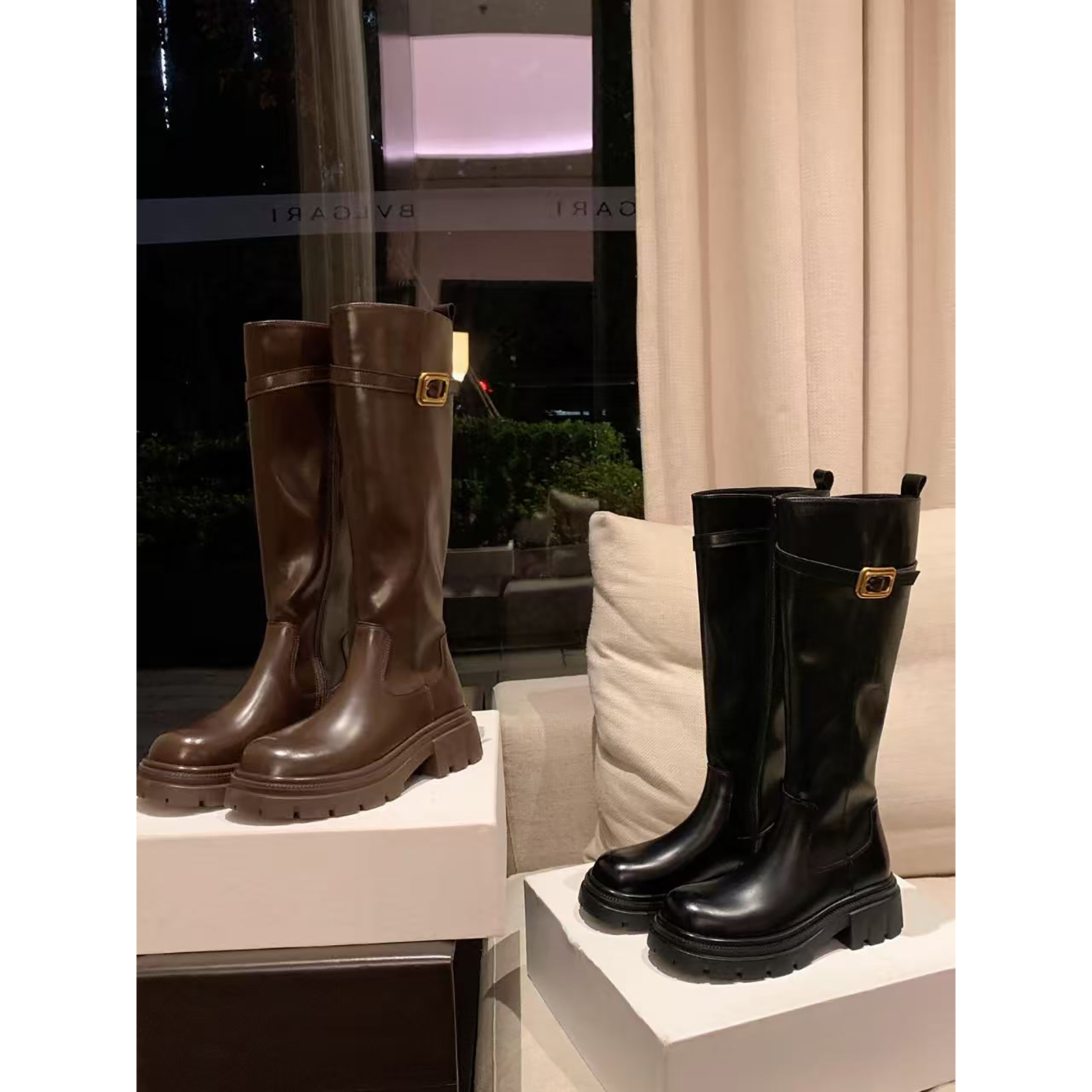 葡萄妈studiolee 增高5cm~ 圆头厚底粗跟扣带侧拉链长筒骑士靴女主图