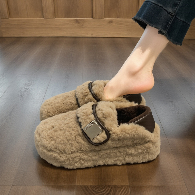 【羊羔绒】毛毛鞋女2025新款秋冬厚底魔术贴加绒保暖一脚蹬豆豆鞋主图