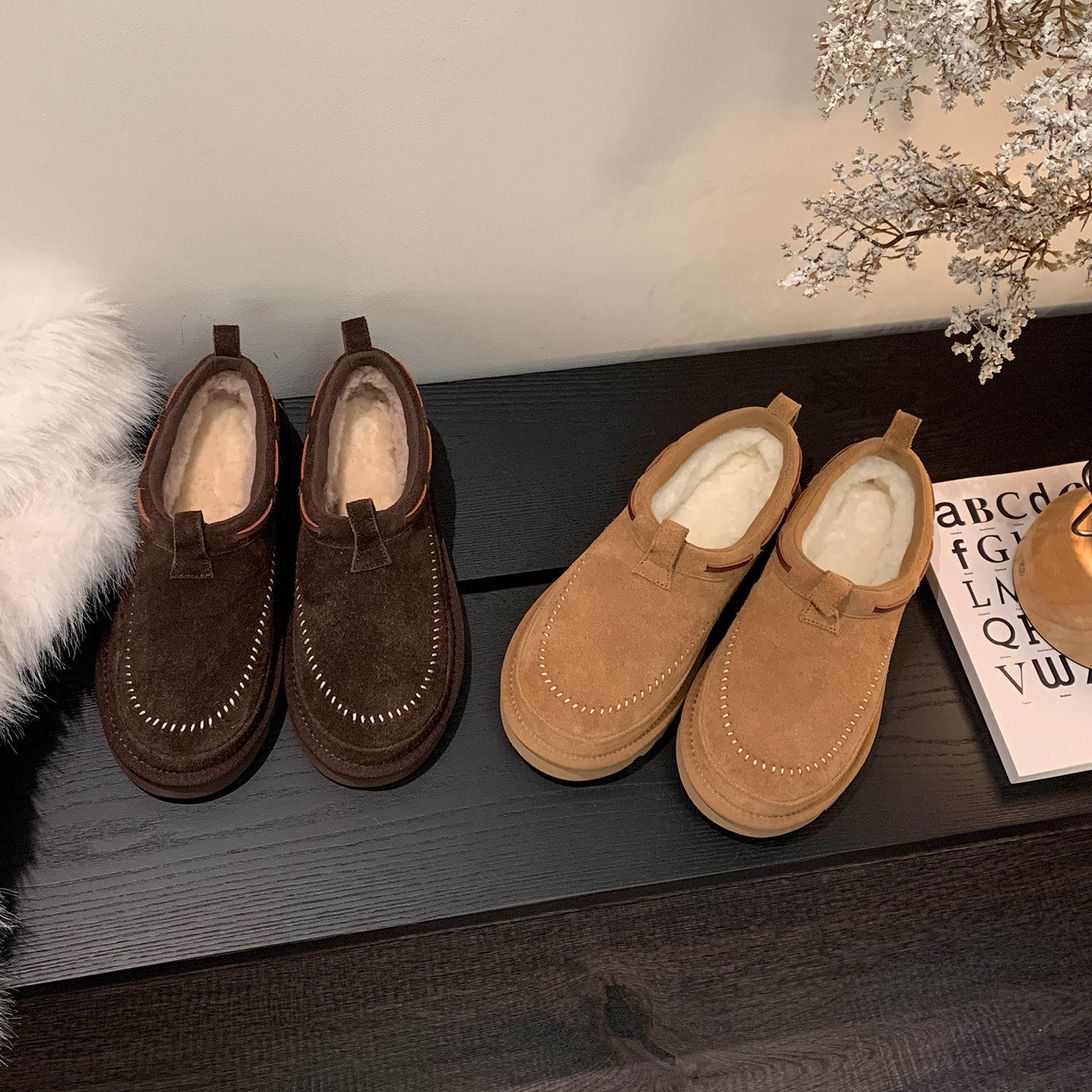 F.M2025新款冬季皮毛一体雪地靴女厚底加绒保暖棉鞋短筒面包鞋主图