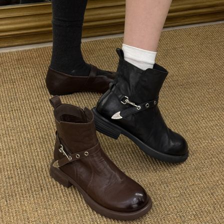 MFX 小牛皮真皮复古做旧褶皱靴子炸街小短靴厚底马丁靴77711