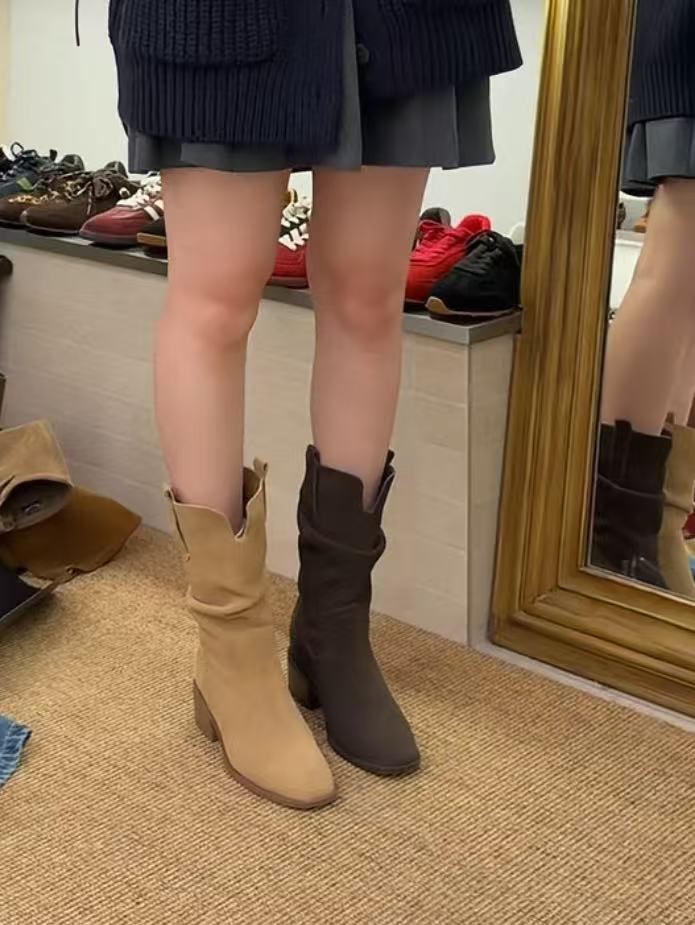 MFX 复古粗跟中筒靴骑士靴女韩系圆头V口显瘦堆堆短靴1279主图