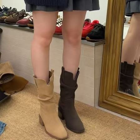 MFX 复古粗跟中筒靴骑士靴女韩系圆头V口显瘦堆堆短靴1279