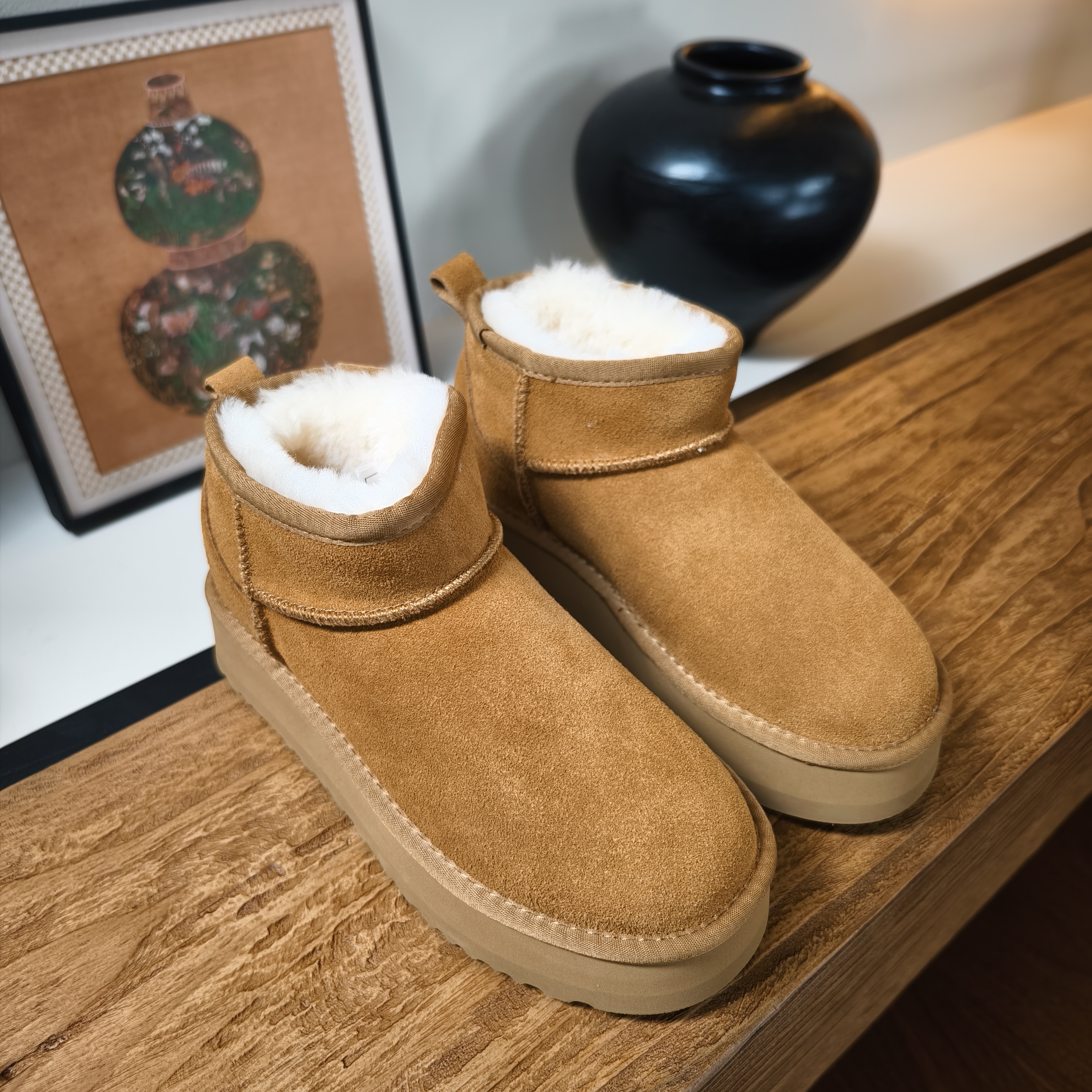 DL&queen【雪地神器】反绒牛皮 羊毛内里雪地靴女厚底短筒靴6109主图