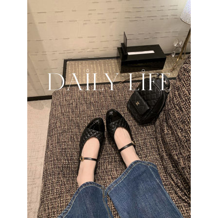 葡萄妈studiolee 小香风羊皮圆头一字扣带菱格低跟玛丽珍单鞋女秋