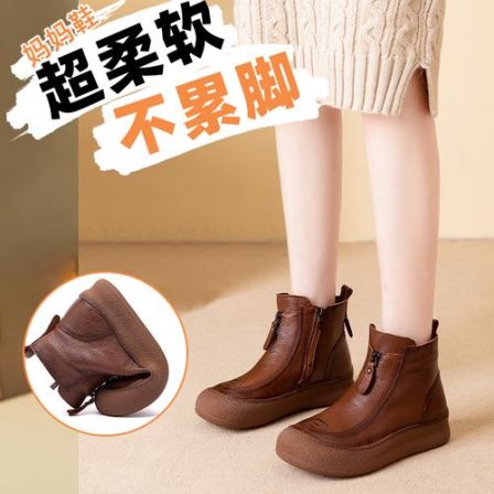6132秋冬新款短筒时尚厚底妈妈鞋防滑休闲舒适百搭复古平底女靴