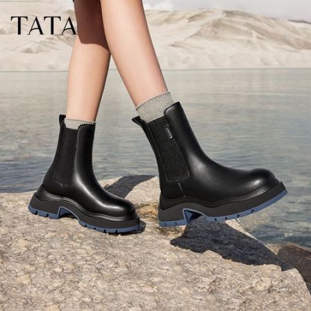 TATA他她海盐黑咖切尔西女靴休闲厚底加绒烟筒靴秋冬新款WJZ01DZ5
