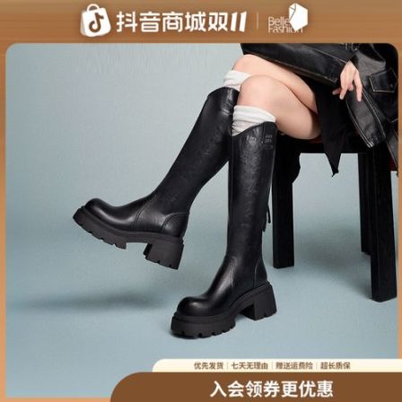 【百丽集团天美意】冬新款英伦流光风高筒靴时尚骑士靴长靴KTX14DG5
