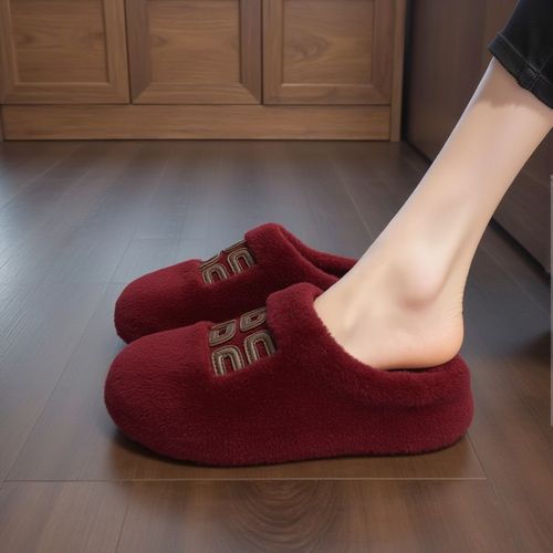 【羊羔绒】酒红色厚底毛毛鞋女2025秋冬新款半拖红色大码外穿包头拖主图