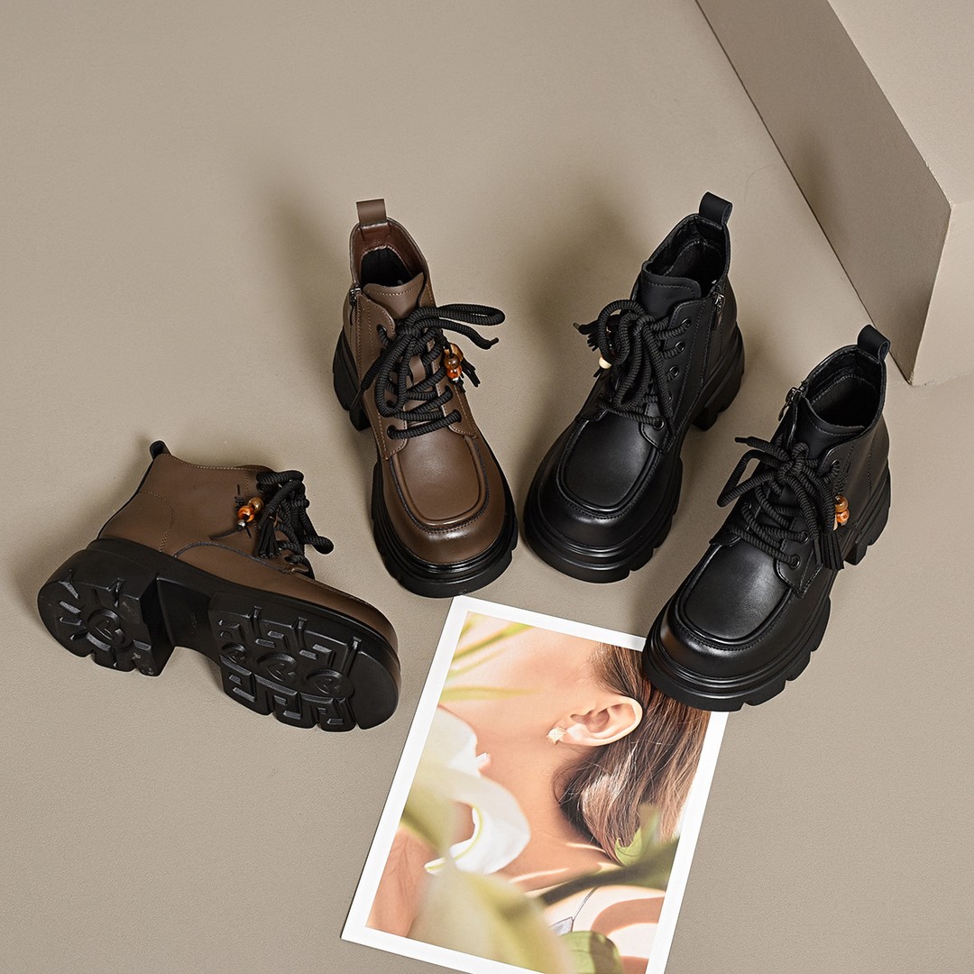 xizi/昔子6002新款系带短靴秋冬侧拉链马丁靴韩版百搭时尚厚底靴主图