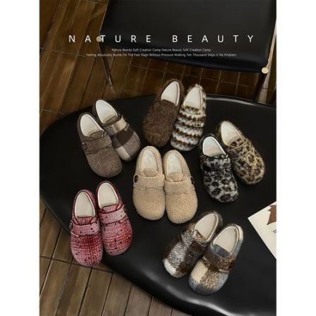 自然卷内增高勃肯毛毛鞋复古百搭纽扣魔术贴秋冬保暖棉鞋女休闲鞋