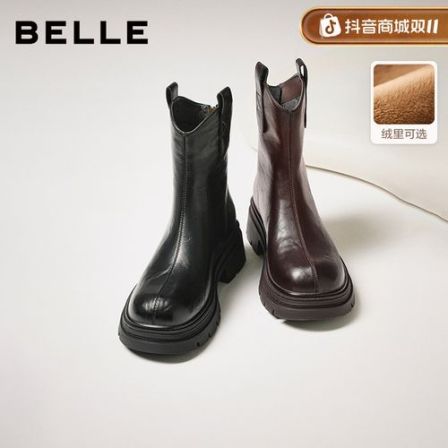 百丽复古弹力靴女2025新款流光风粗跟厚底增高软底休闲瘦瘦靴短靴