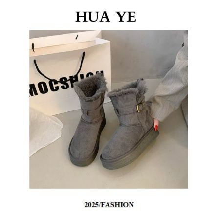 【格子家】中筒雪地靴时尚舒适加厚保暖棉靴2302 跟高4厘米