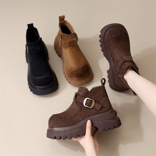 勃肯马丁靴女加绒秋季新款时尚百搭复古厚底增高洋气松糕短靴低帮主图