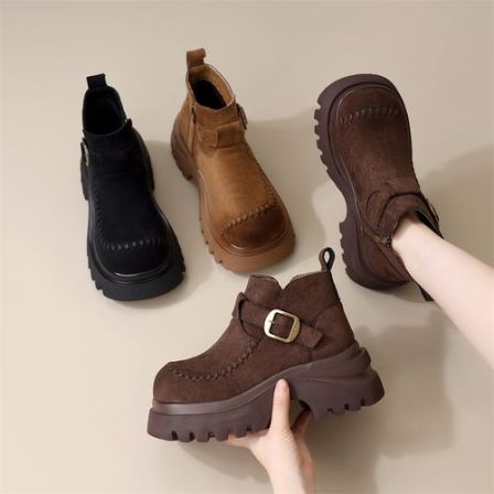 勃肯马丁靴女加绒秋季新款时尚百搭复古厚底增高洋气松糕短靴低帮