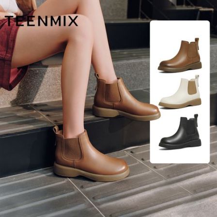 【琥珀流光】天美意冬新款厚底百搭短靴一脚蹬女切尔西靴KQX18DD5