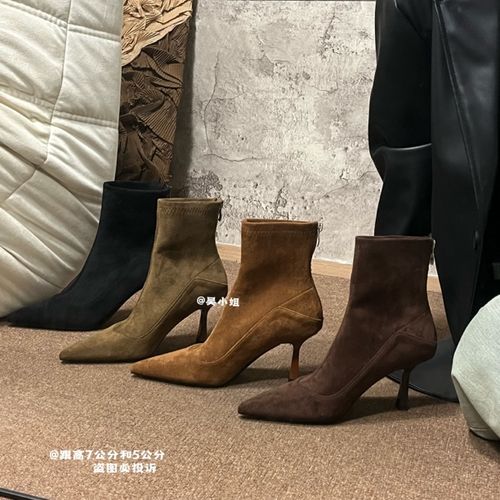 2025秋冬新款法式气质尖头瘦瘦靴时尚百搭高跟后拉链绒面时装靴主图