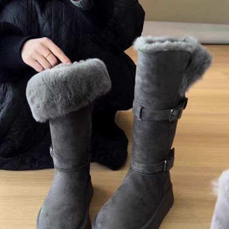 厚底灰色雪地靴女2025冬季新款长款加绒加厚保暖棉靴1377