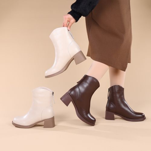 2025新款法式时尚韩版时装靴女气质粗跟短靴圆头瘦瘦靴英伦风皮靴主图