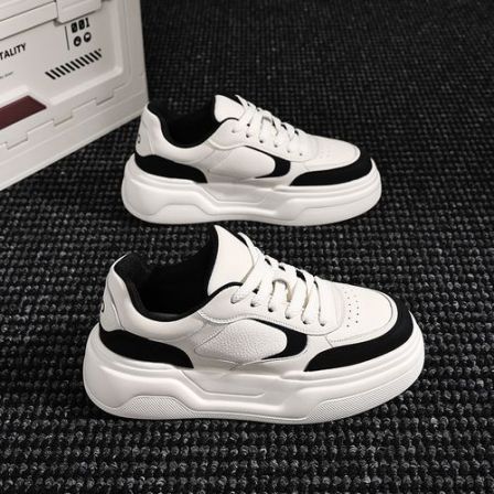 系带拼色休闲风2025新款圆头轻质小白鞋秋季休闲板鞋熊猫鞋增高鞋