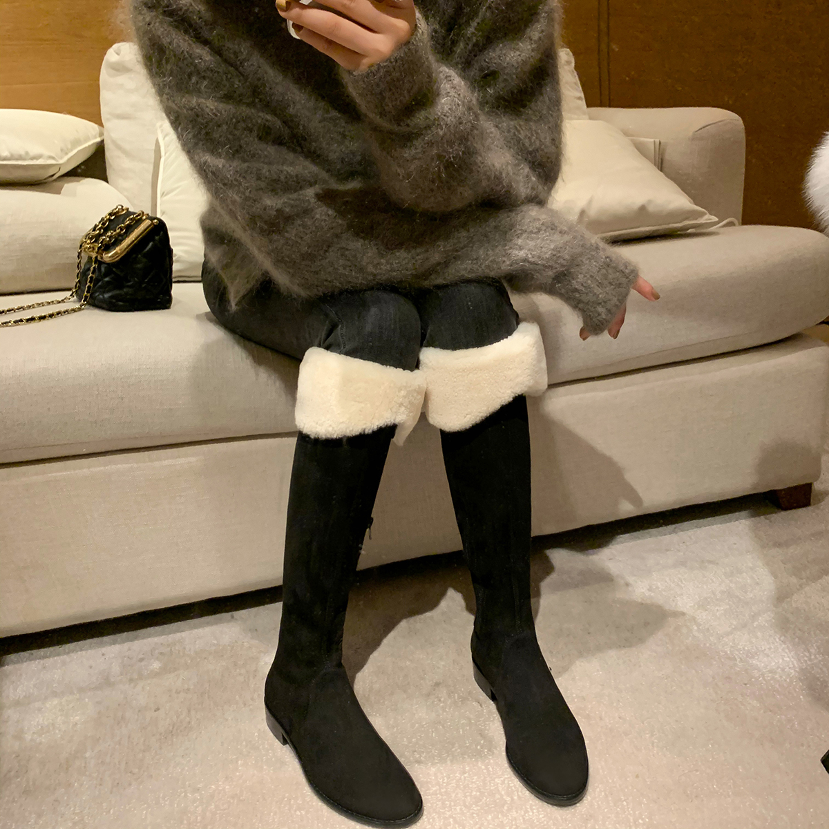 自主设计款【大姐姐同款】葡萄妈Studiolee 高筒靴女冬加绒长筒靴主图