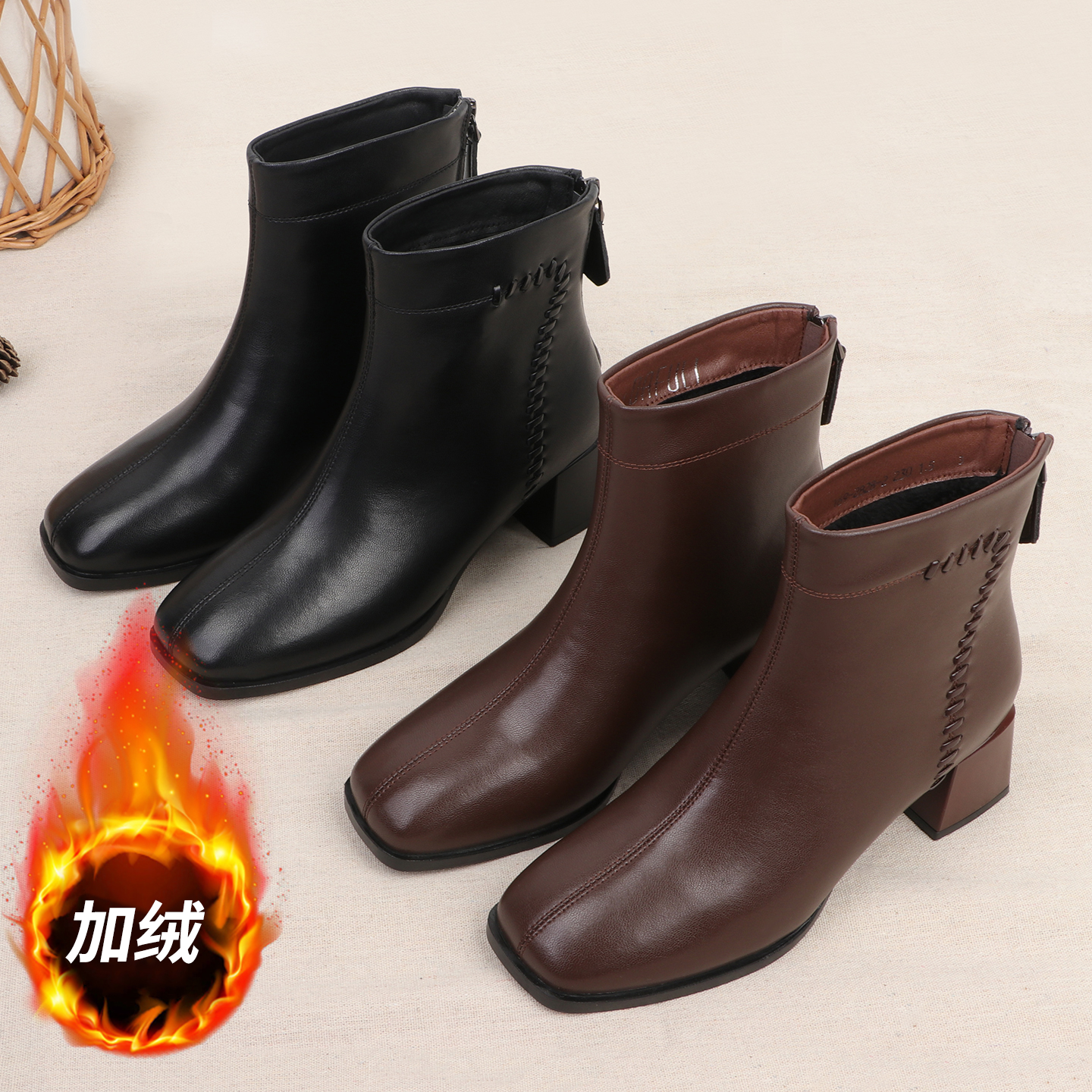 自然小铺 2025高端【小羊皮】方头粗跟羊皮靴子加绒保暖高跟鞋女主图