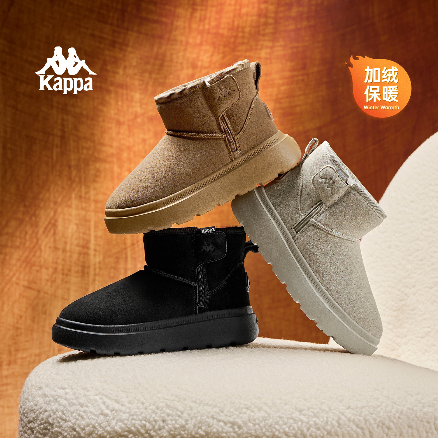 Kappa保暖雪地靴女鞋2025冬季新款加绒复古棉鞋加厚防寒休闲鞋子主图