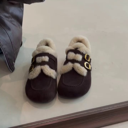 羊皮版~韩版厚底简约百搭圆头一脚蹬复古舒适加绒秋冬新款勃肯鞋