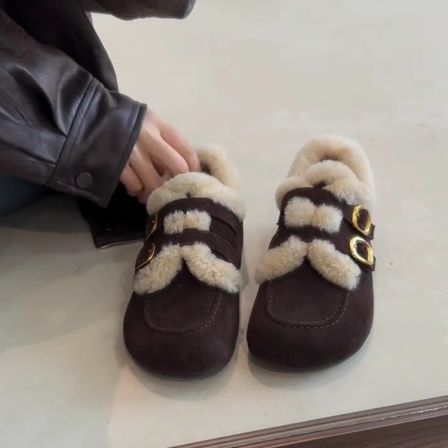 羊皮版~美拉德复古绒面内增高毛毛鞋女圆头双扣带保暖加绒棉鞋子